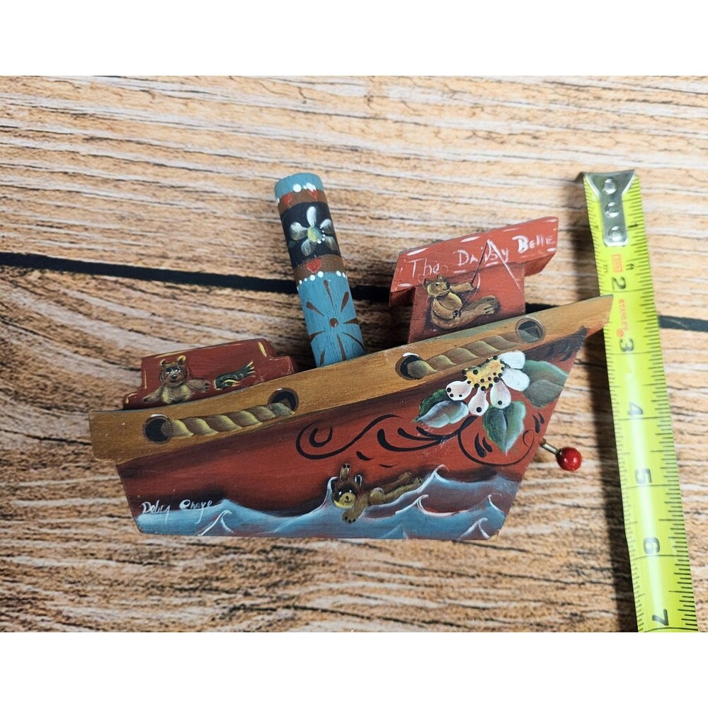 VTG Wooden Boat Ship Music Box Handpainted The Daisy Belle Collectible Kids Toy - Picture 10 of 10